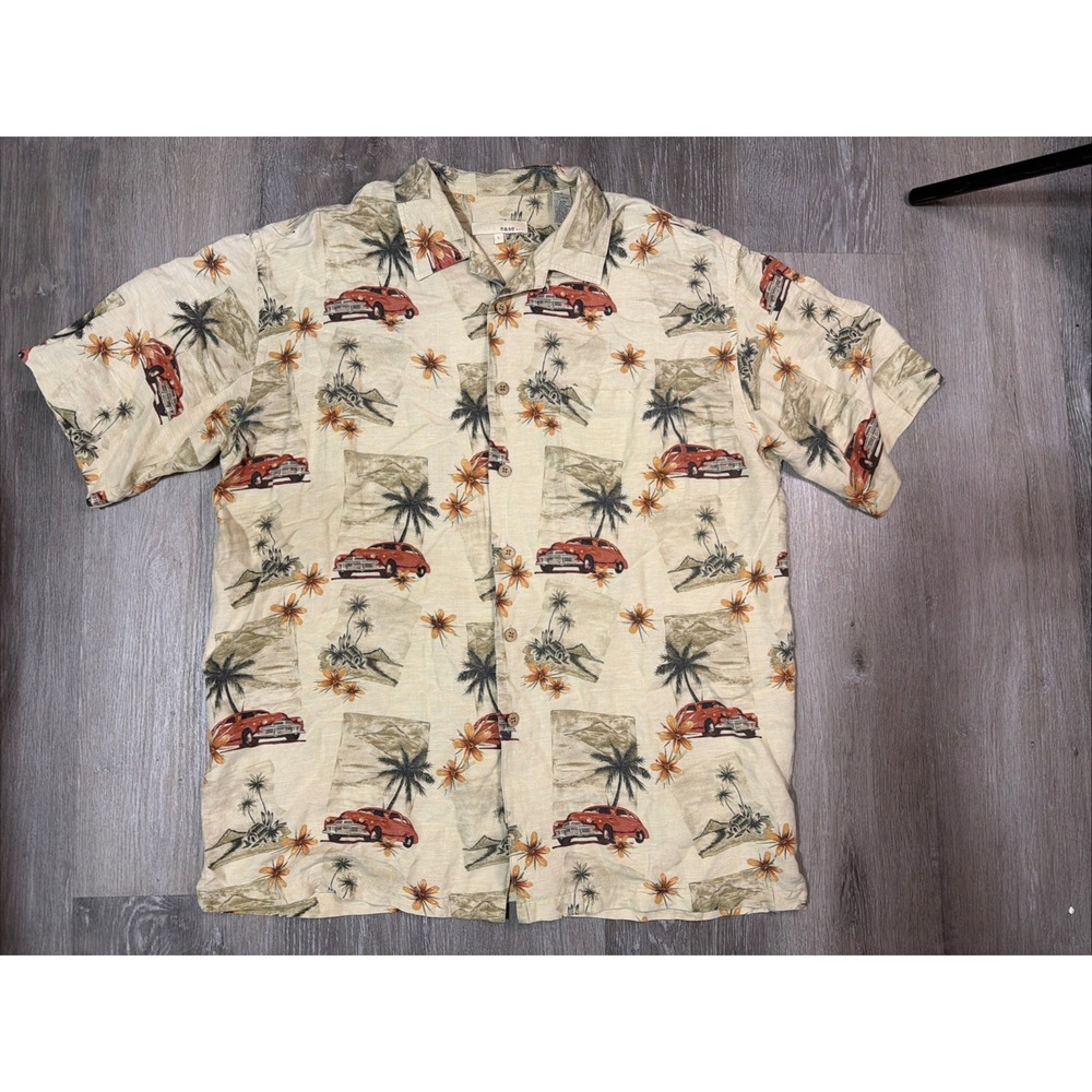 Aloha Hawaiian Shirt Flowers Car Palm Trees Hut Size Men Large Ease Cream Green